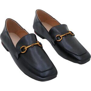 Women's Black Metallic-Accent Double Horsebit Leather Loafers US 9